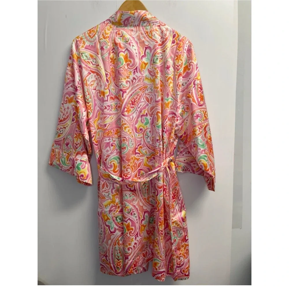 Lauren Ralph Lauren Women's Size L Satin Paisley Print‎ Robe Pink Belted Pockets